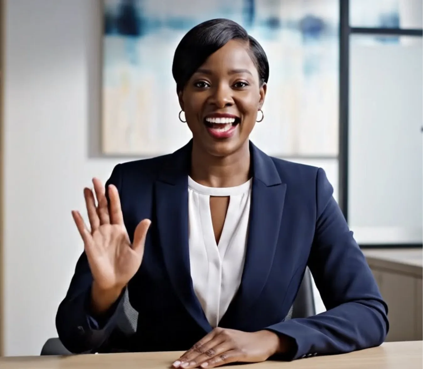 Professional Businesswoman Waving Hello During a Video Call in an Office